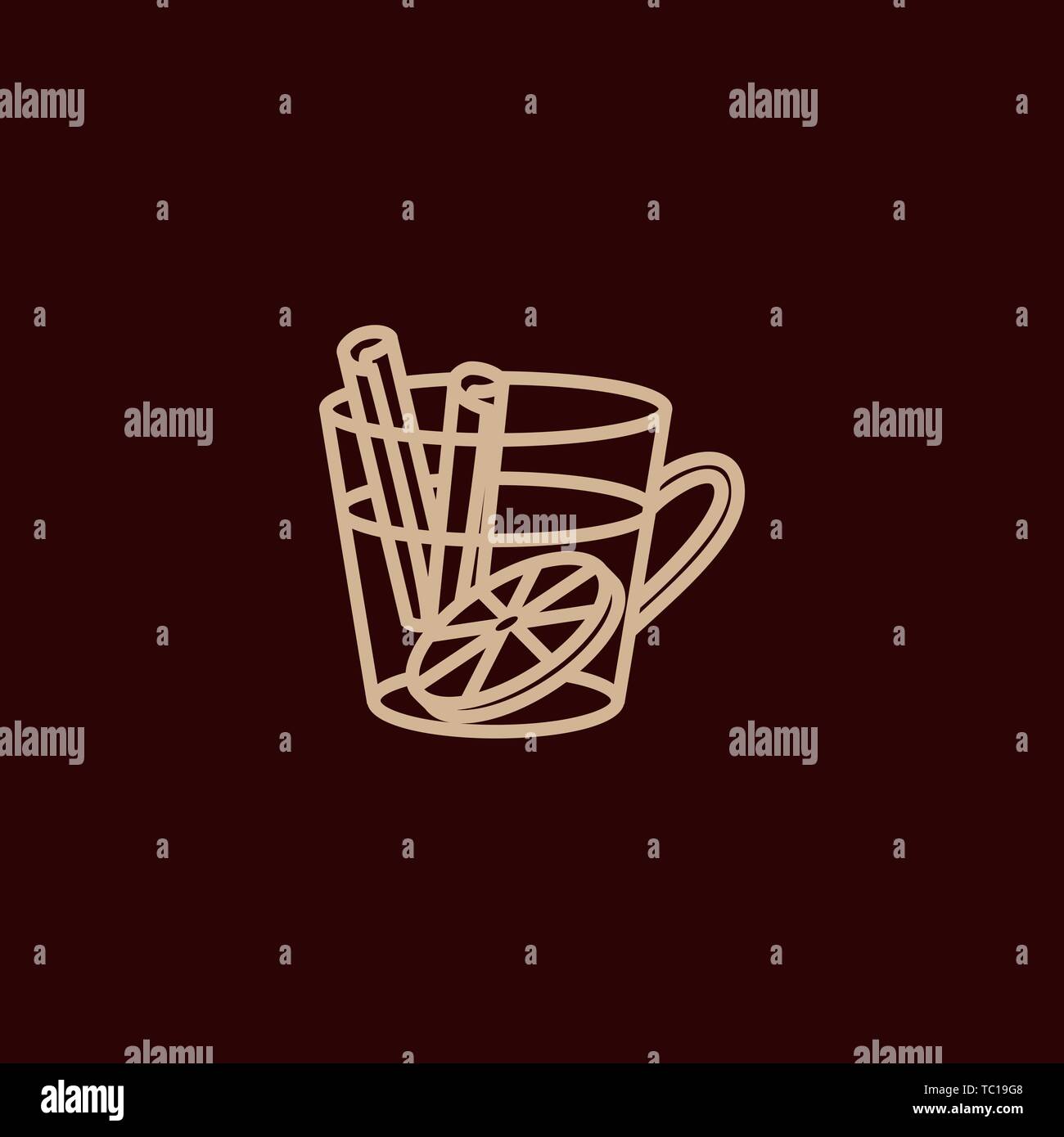 L'icône de la ligne du vin dans le verre avec de la cannelle et d'orange. Illustration Vecteur de vin chaud dans une tasse avec des épices et d'agrumes. Illustration de Vecteur