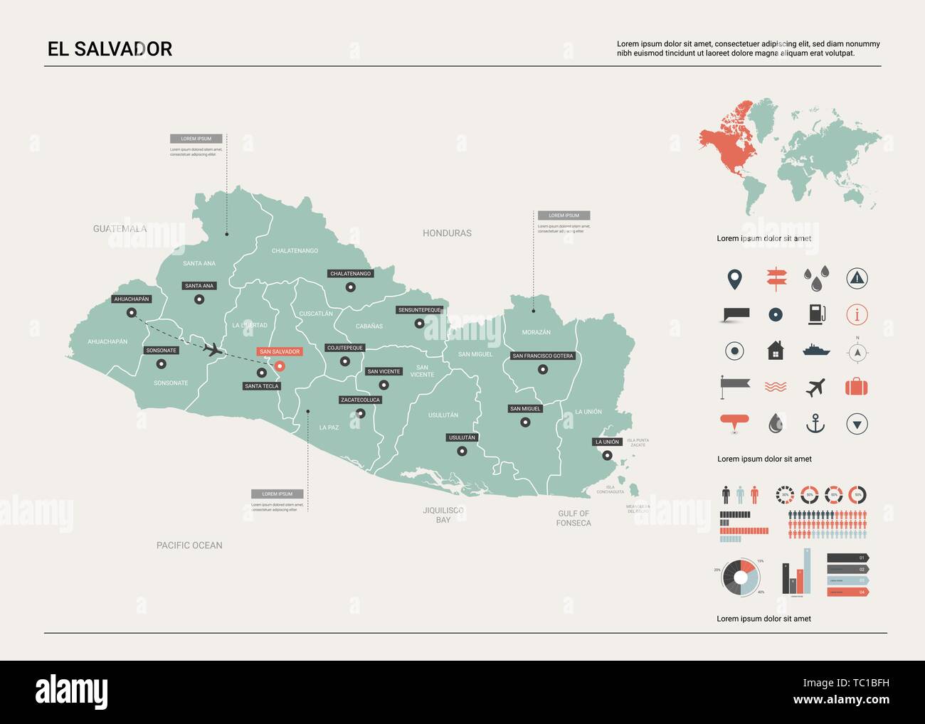 Carte de vecteur d'El Salvador. Carte pays avec la division, villes et capitale San Salvador. Une carte politique, carte du monde, les éléments de l'infographie. Illustration de Vecteur