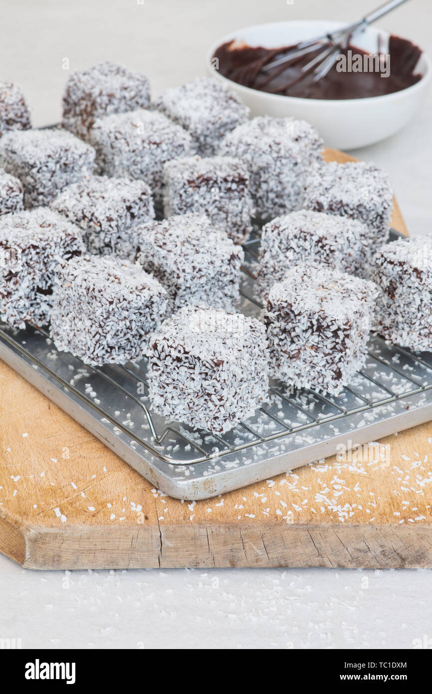 Des gâteaux de Lamington. Gâteau d'Australie. Gâteau éponge coupé en cubes enrobés d'une couche de sauce au chocolat et roulé dans la noix de coco desséchée Banque D'Images