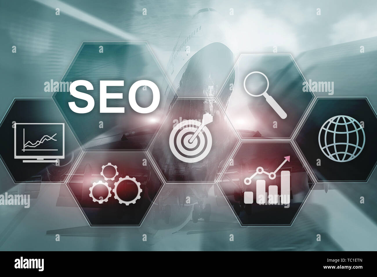 SEO - optimisation des moteurs de recherche, le marketing numérique et la technologie d'internet concept sur arrière-plan flou Banque D'Images
