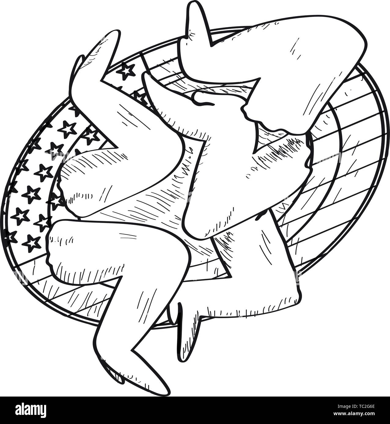 Les ailes de poulet sur une plaque avec un drapeau des États-Unis. Restauration rapide américaine - Grandes lignes Vector Illustration de Vecteur