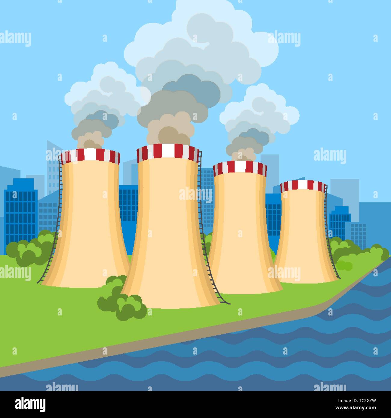 Centrale nucléaire de travail près de l'ensemble des tours le long de couler bleu. Vector illustration de dangereux pour l'environnement et les gens nucl anatomique Illustration de Vecteur