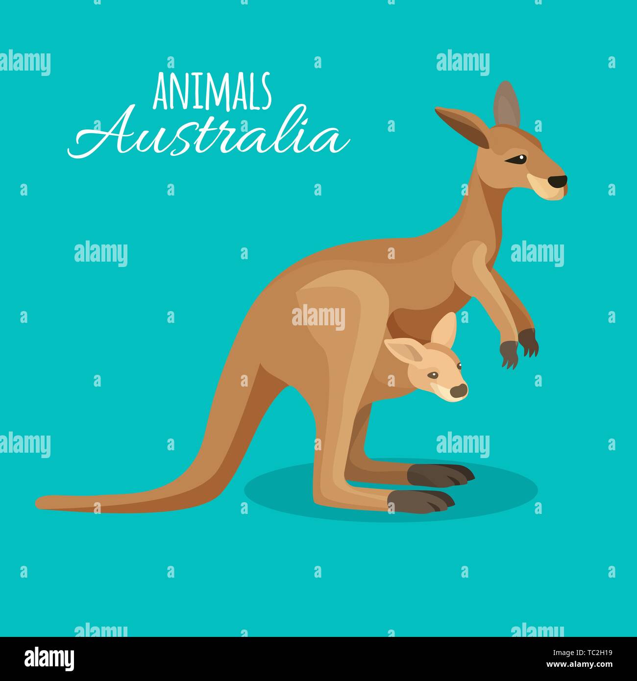 L'Australie animal kangourou Mère avec enfant dans pocket sur fond bleu. Vector illustration de marsupial australien isolé animal brun avec bébé Illustration de Vecteur