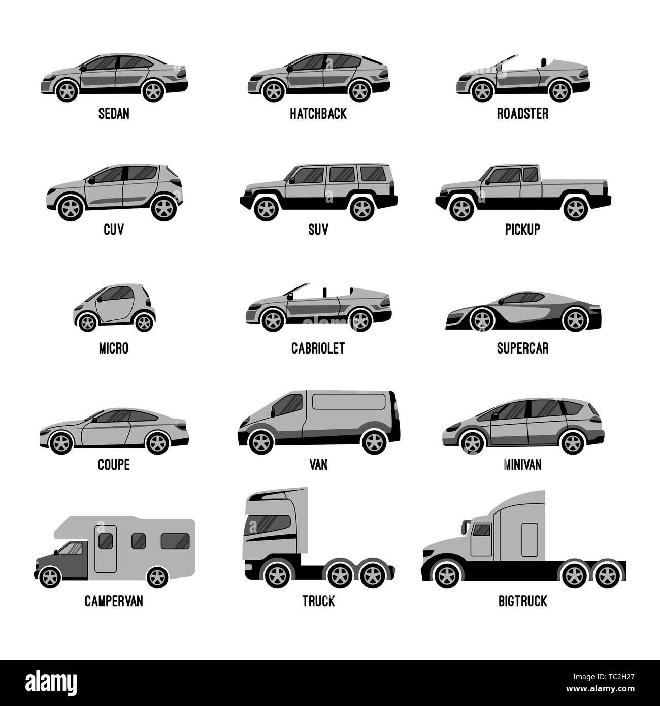 Set automobile isolé. Modèles de voiture de différentes tailles et capacités Illustration de Vecteur
