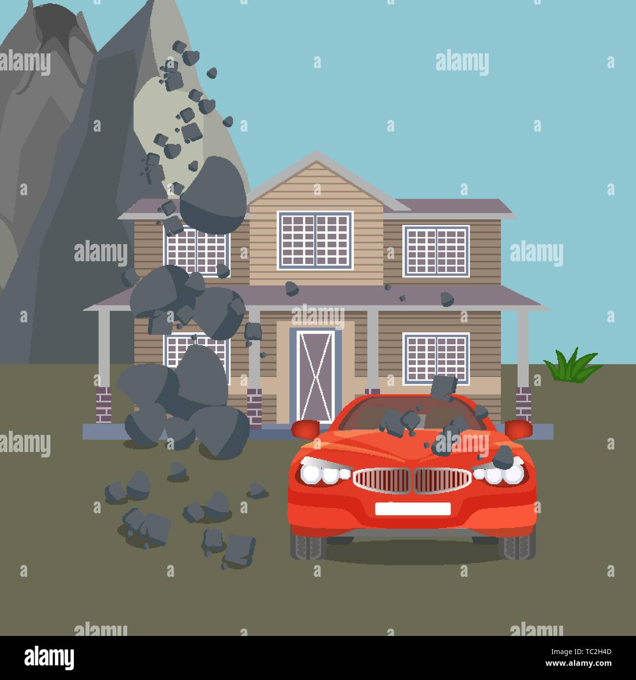 Réaliste d'inondation catastrophe naturelle vector illustration. Chalet maison, voiture, arbres Illustration de Vecteur