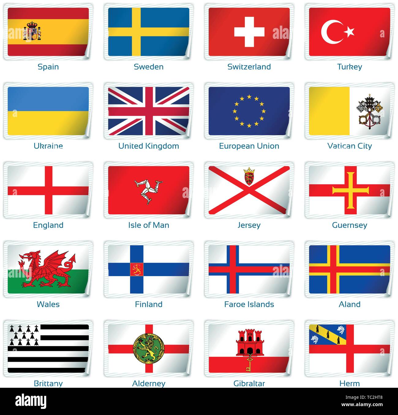 L'Europe trois drapeaux autocollant. Vector illustration. 3 couches. Ombres, drapeau télévision vous pouvez l'utiliser séparément, autocollant. Collection de 220 drapeaux du monde. Des couleurs précises. Changements faciles. Illustration de Vecteur