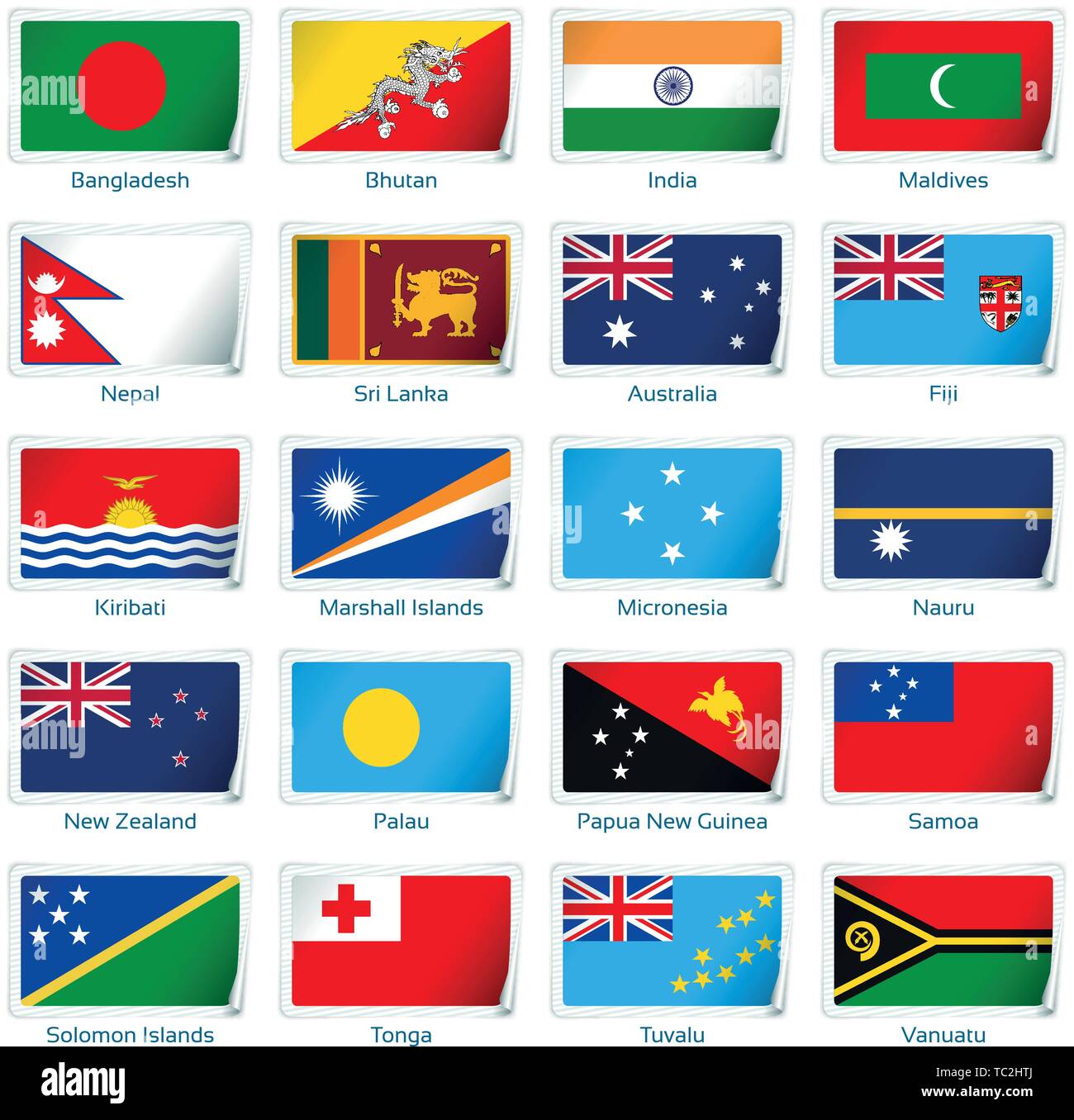 Sticker drapeaux de l'Asie du Sud et l'Océanie. Vector illustration. 3 couches. Ombres, drapeau télévision vous pouvez l'utiliser séparément, autocollant. Collection de 220 drapeaux du monde. Des couleurs précises. Changements faciles. Illustration de Vecteur