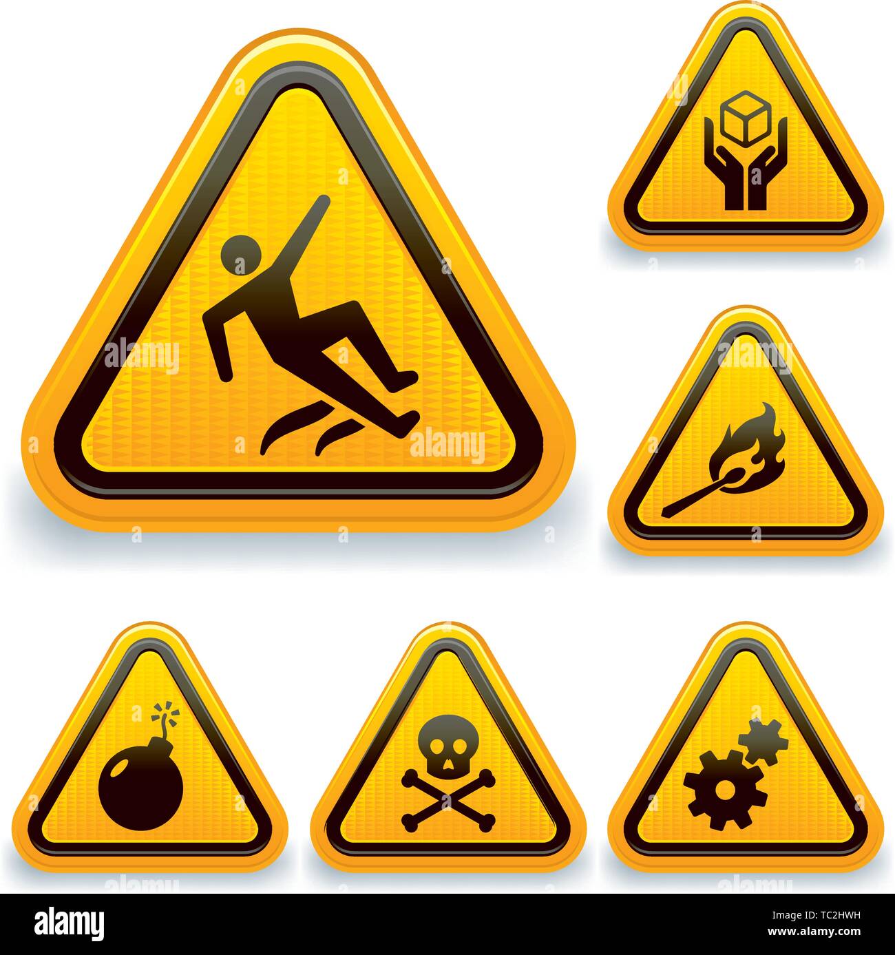 Vector illustration. Six symboles d'avertissement avec des icônes de la brillance du style. Illustration de Vecteur