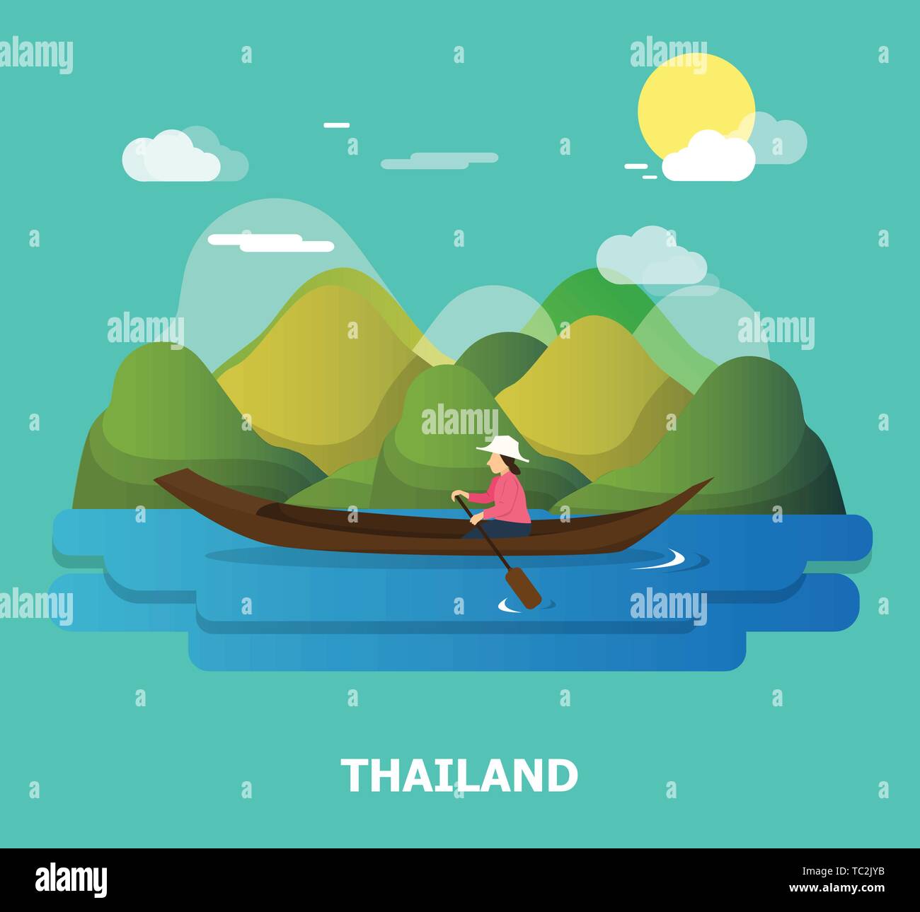 Une femme avec bateau sur la rivière illustration design en Thaïlande.vector Illustration de Vecteur