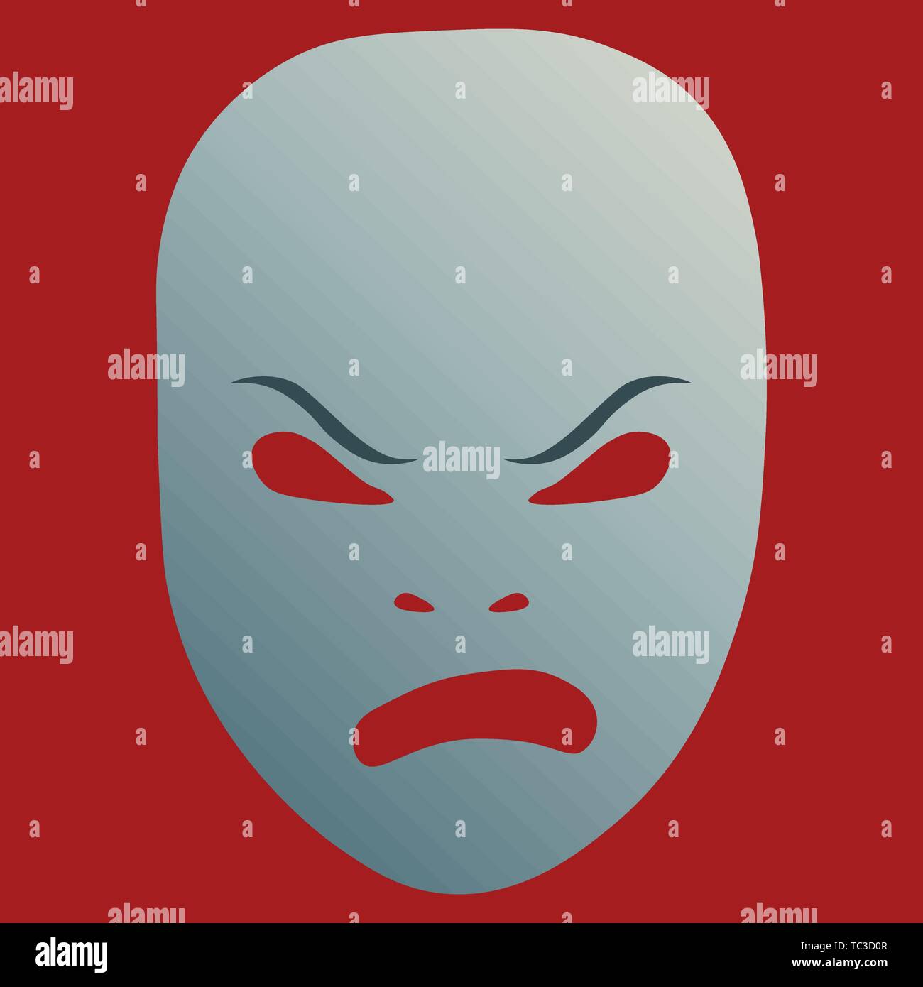 Masque de théâtre avec émotion frénétique. Vector illustration. Masque d'argent avec la déclivité sur fond rouge. Illustration de Vecteur