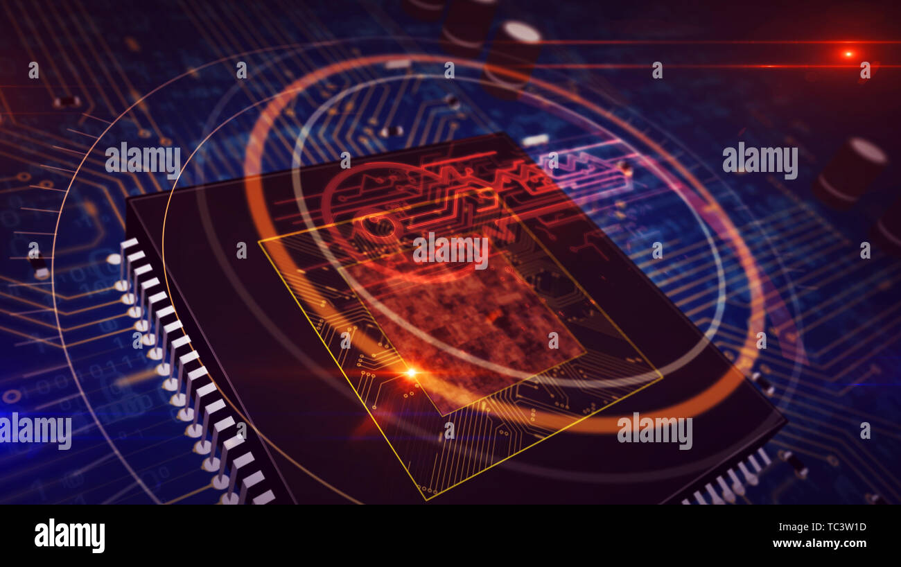 La cybersécurité, la protection de l'ordinateur, de codage et de cryptage avec clé concept numérique hologramme sur cpu travail en arrière-plan. Futuristic circuit board Banque D'Images