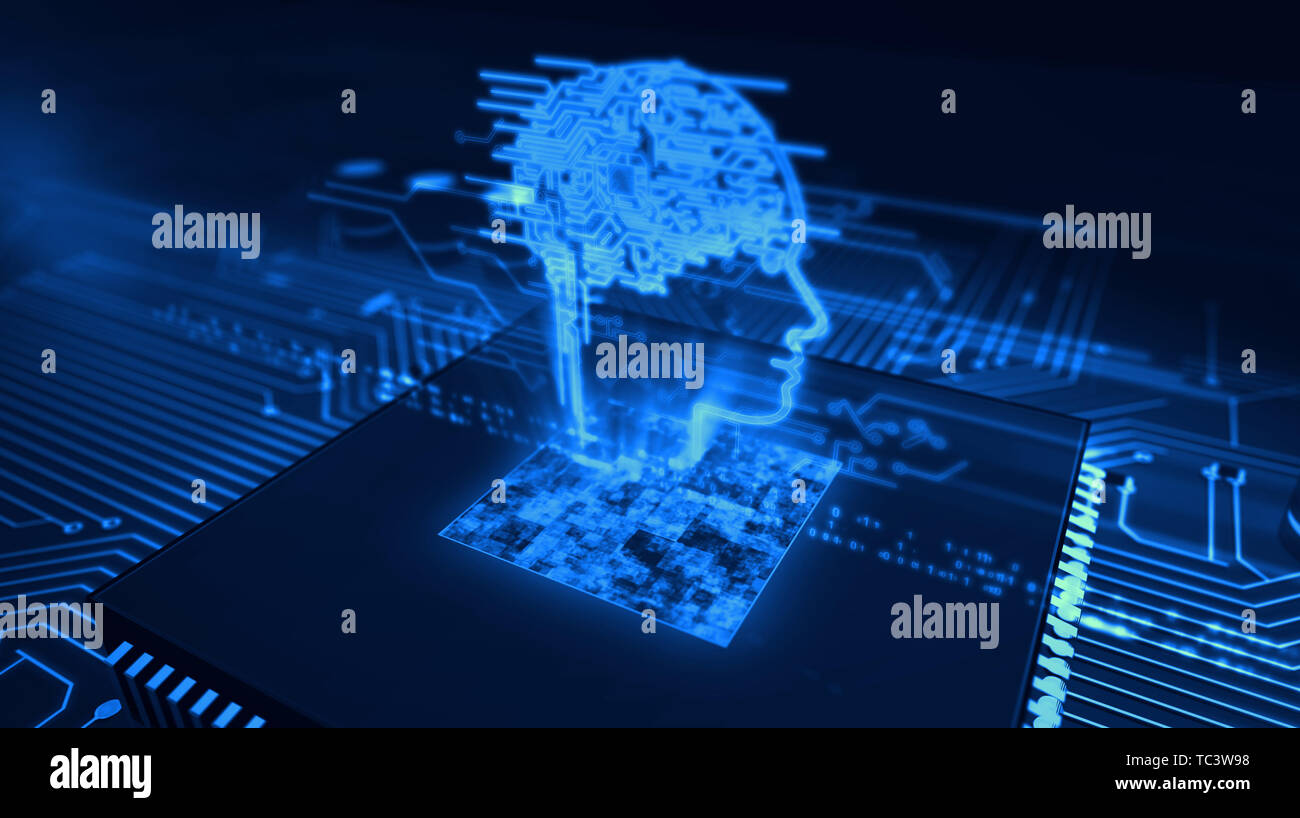 L'intelligence artificielle avec l'hologramme du cerveau cybernétique sur processeur de travail en arrière-plan. La technologie numérique moderne 3d illustration. Banque D'Images