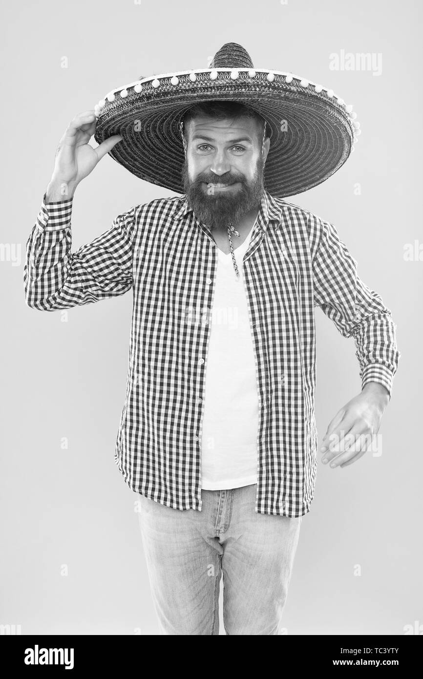 Barbu mexicain prêt à célébrer. Coutumes et traditions. Porter homme sombrero Mexican Hat. Voyage Vacances et jours fériés festival. Inscrivez-vous fest. La culture mexicaine concept. Maison de vacances mexicaines en fête. Banque D'Images