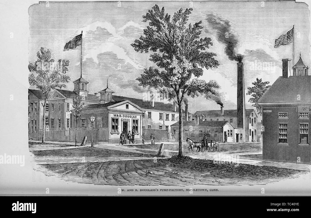 La gravure de William et Benjamin Douglas usine pompe à Middletown, Connecticut, du livre 'L'histoire industrielle des États-Unis, depuis le début de la colonisation à l'heure actuelle' par Albert Sidney Bolles, 1878. Avec la permission de Internet Archive. () Banque D'Images