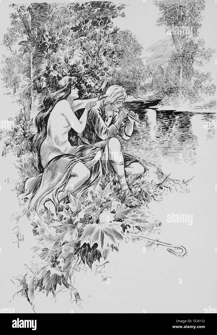 Paire d'amants gravée sur une rive de la rivière, du livre 'O' Lilts Love' par Judd Mortimer Lewis, 1906. Avec la permission de Internet Archive. () Banque D'Images
