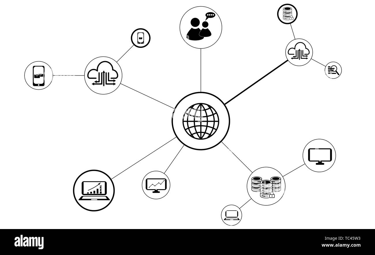 Schéma de principe de l'analyse des big data et diverses icônes de big data Banque D'Images