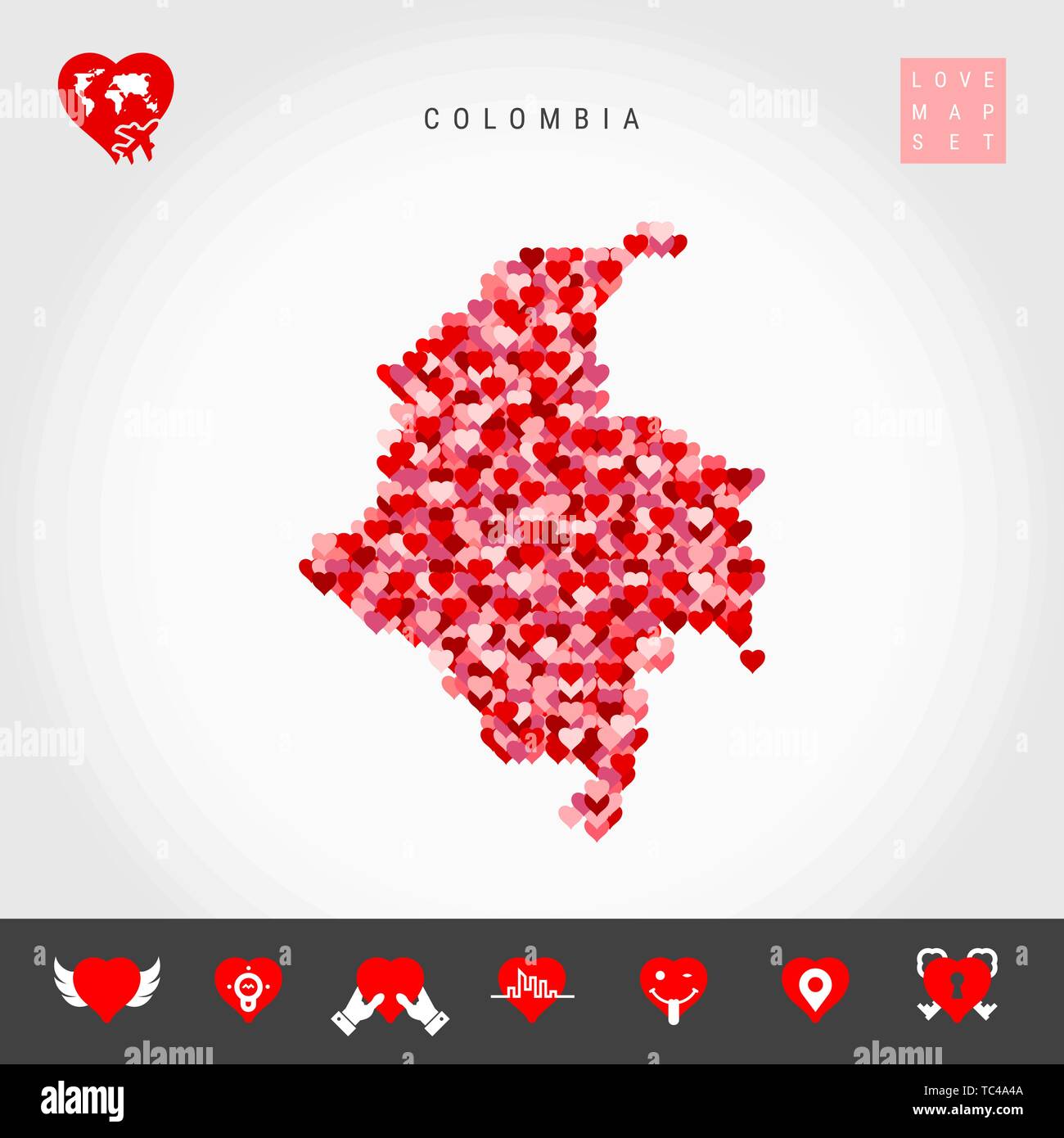 J'aime la Colombie. Motif coeurs rouges et roses carte vectorielle de la Colombie isolé sur fond gris. L'icône de l'amour ensemble. Illustration de Vecteur