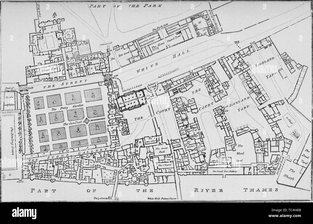 Plan gravé du palais de Whitehall, Londres, Angleterre, du livre 'Old and New London : un récit de son histoire, de ses habitants et de ses lieux' par Thornbury Walter, 1873. Avec la permission de Internet Archive. () Banque D'Images Plan gravé du palais de Whitehall, Londres, Angleterre, du livre 'Old and New London : un récit de son histoire, de ses habitants et de ses lieux' par Thornbury Walter, 1873. Avec la permission de Internet Archive. () Banque D'Images