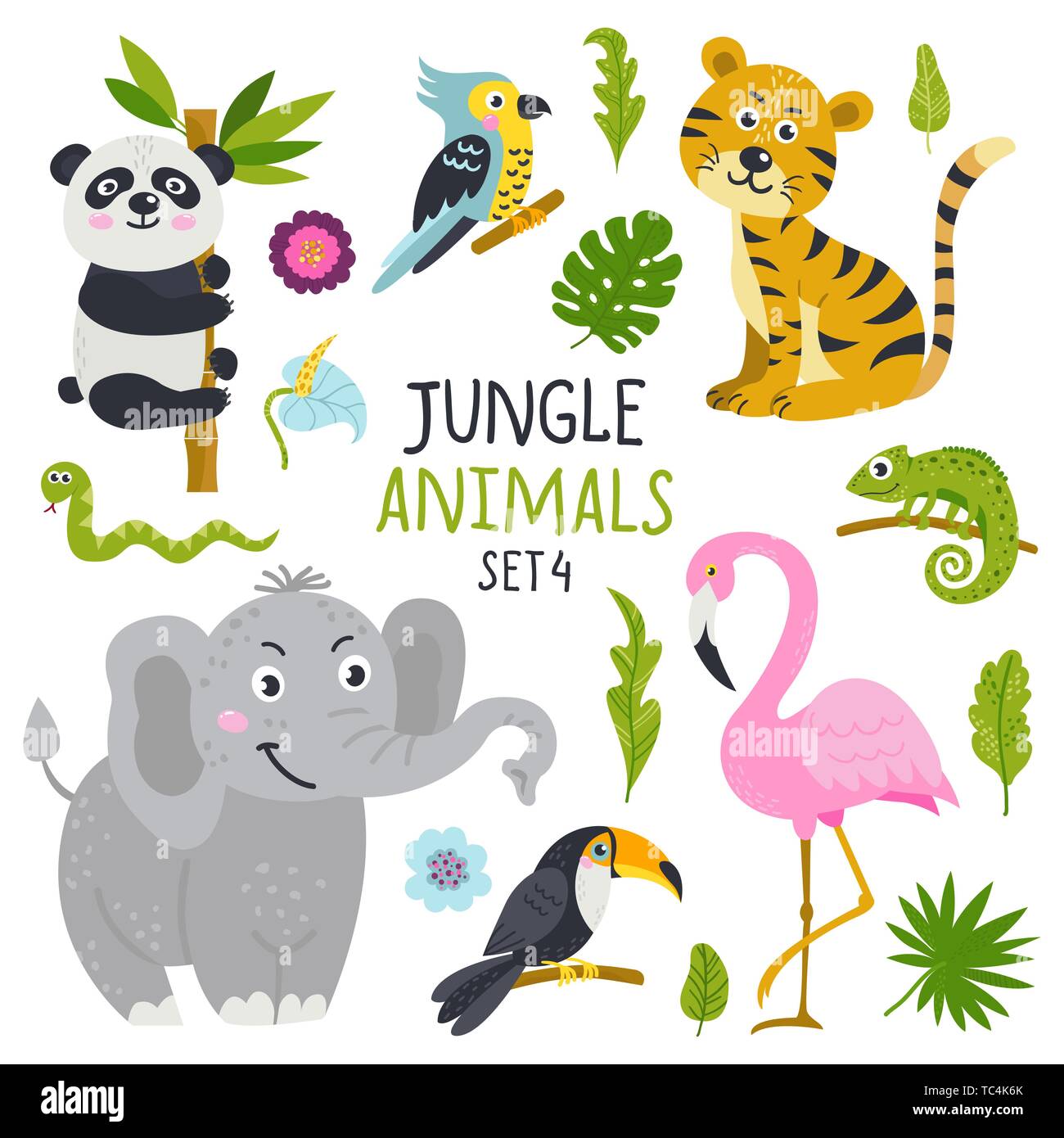Ensemble de vecteur d'animaux et de plantes de la jungle Illustration de Vecteur