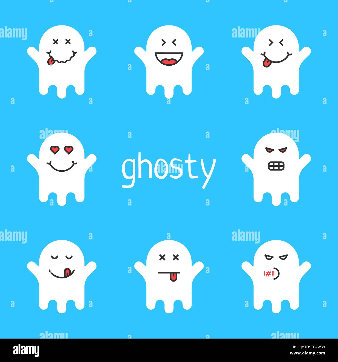Ensemble d'emoji ghost blanc sur fond bleu Illustration de Vecteur