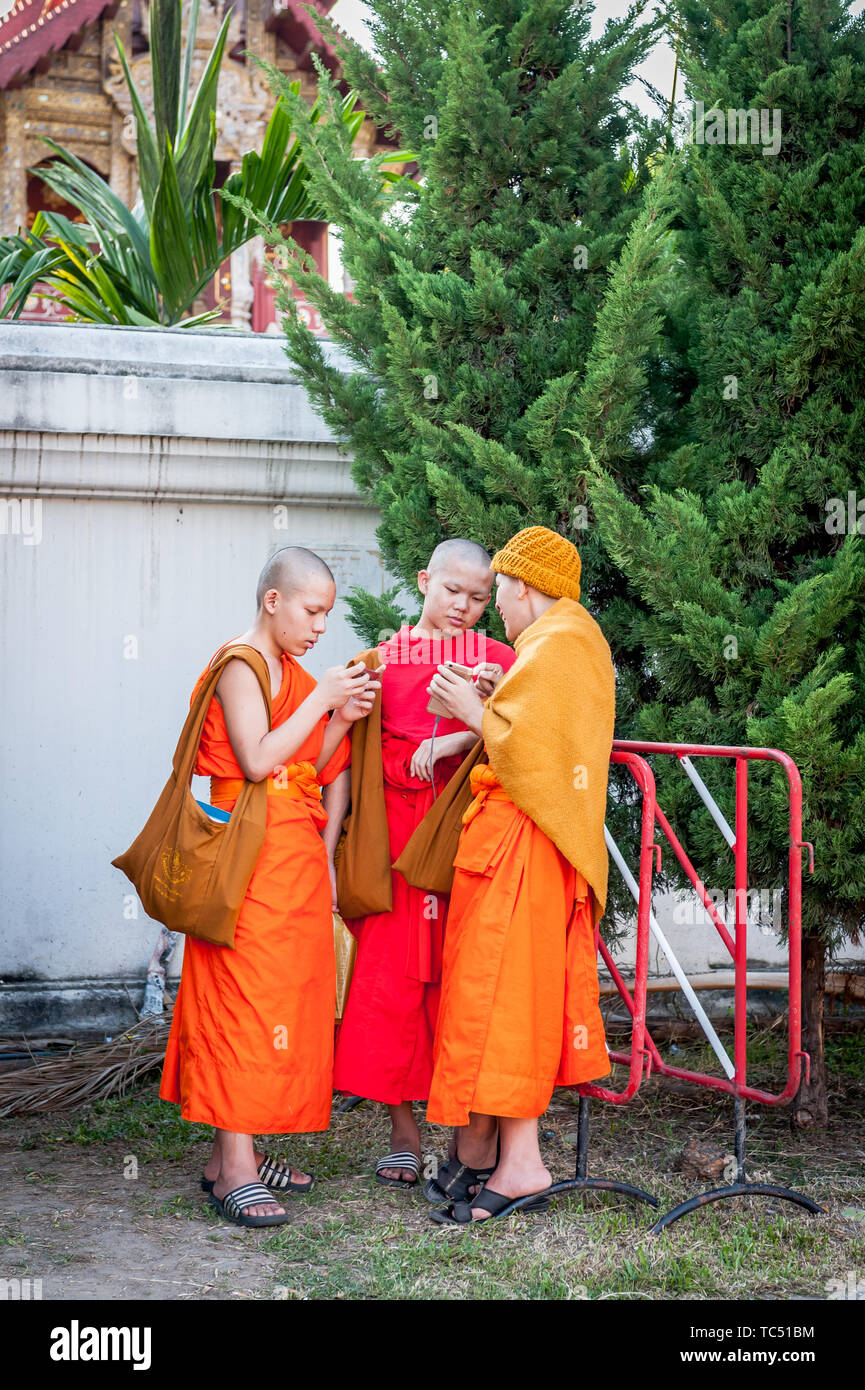 Temple bouddhiste Wat Phra Singh Woramahavikarn.Trois jeunes moines thaïlandais regardent leurs téléphones mobiles à l'extérieur d'un temple à Chiang Mai, Thaïlande. Banque D'Images