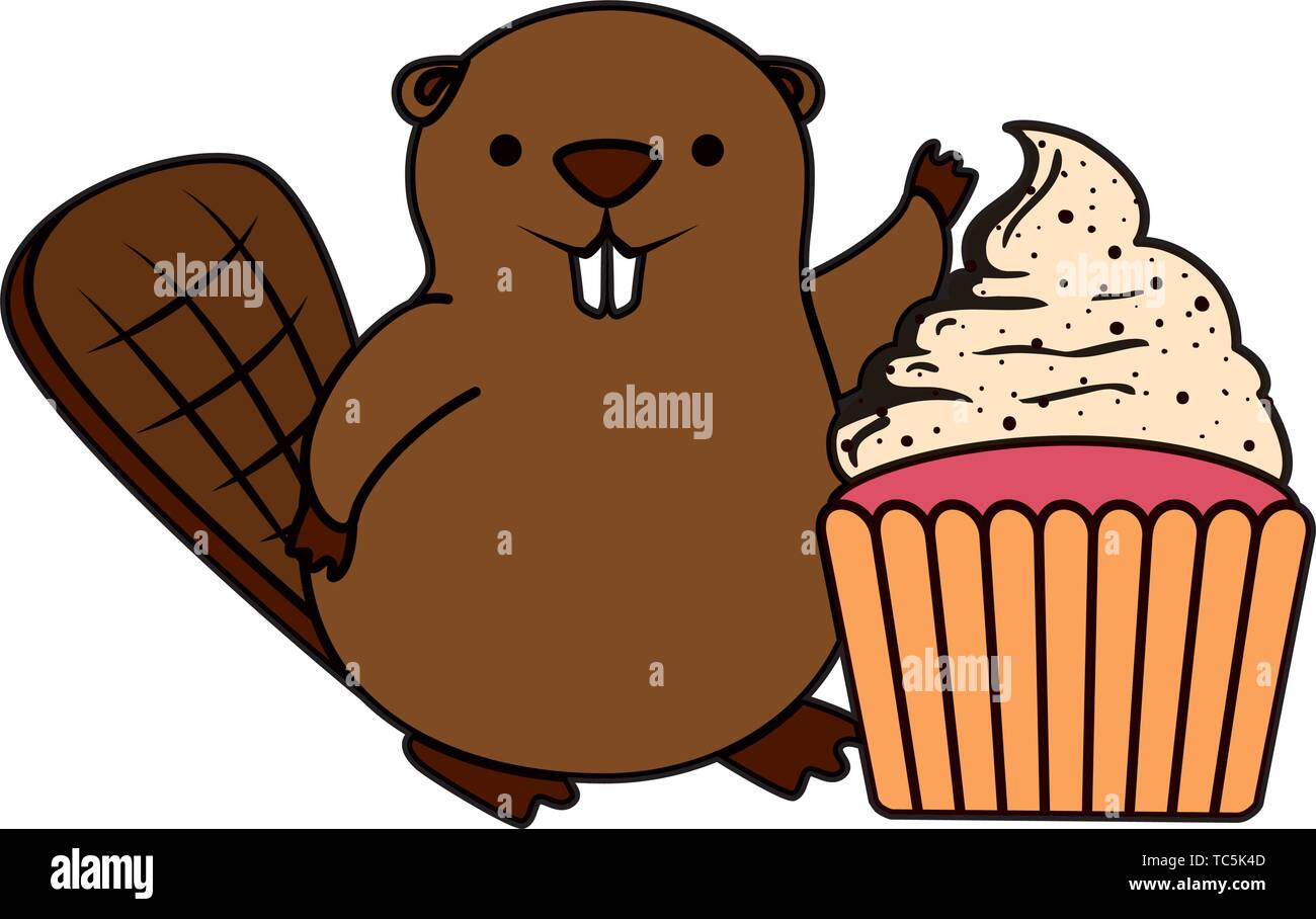 Mascotte de castor avec sweet cute cupcake Illustration de Vecteur