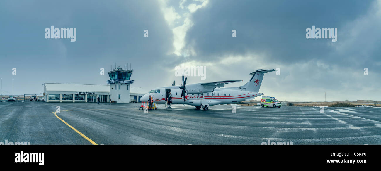 Dornier 328 turbopropulseurs, avion, aéroport Hornafjordur, Islande. Banque D'Images