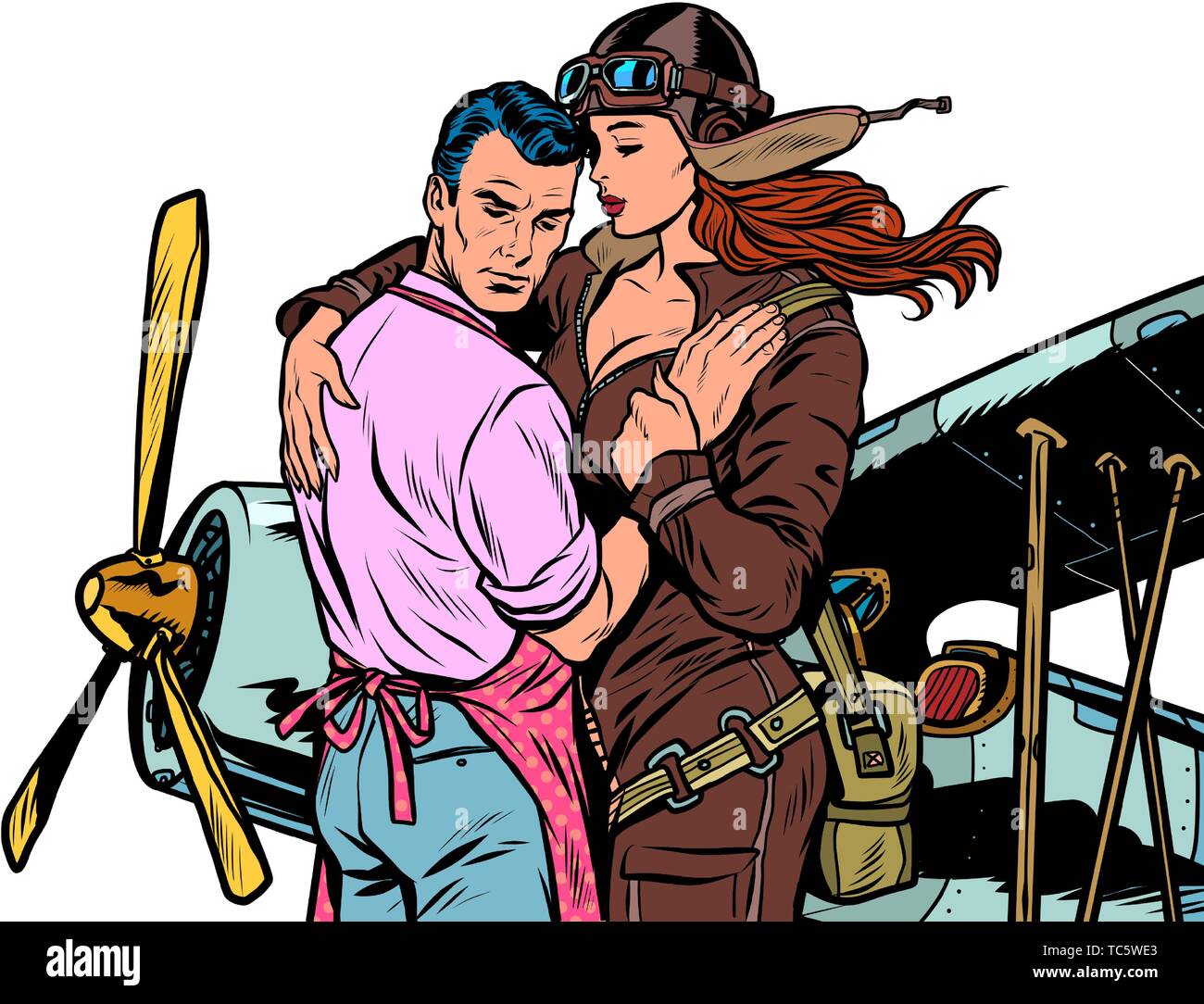 Femme pilote dit au revoir à un homme, un couple amoureux d'un avion rétro. Pop art retro kitsch vintage illustration vectorielle Illustration de Vecteur