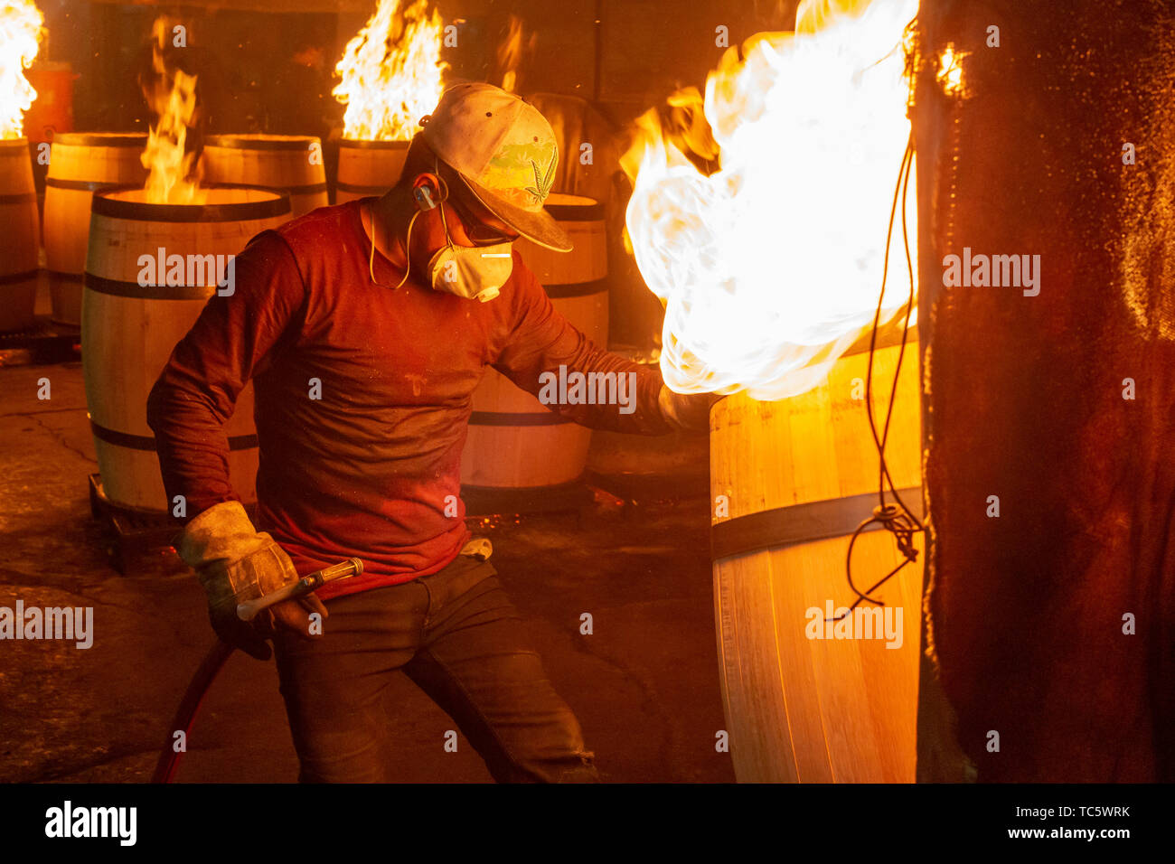 Louisville, Kentucky - Travailleurs de Kelvin Cooperage faire des fûts de chêne pour le vieillissement du vin et bourbon. Canons sont brûlée pour ajouter de la saveur pendant le vieillissement pro Banque D'Images