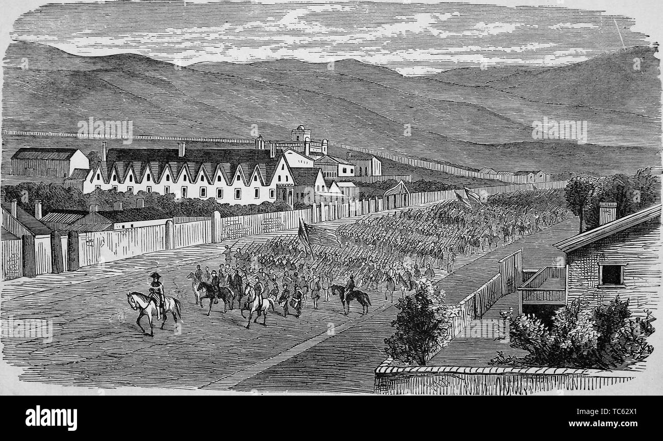 Gravure de l'arc triomphal passage des troupes des États-Unis grâce à Salt Lake City, du livre 'La vie de Général Albert Sidney Johnston' par William Preston Johnston, 1878. Avec la permission de Internet Archive. () Banque D'Images