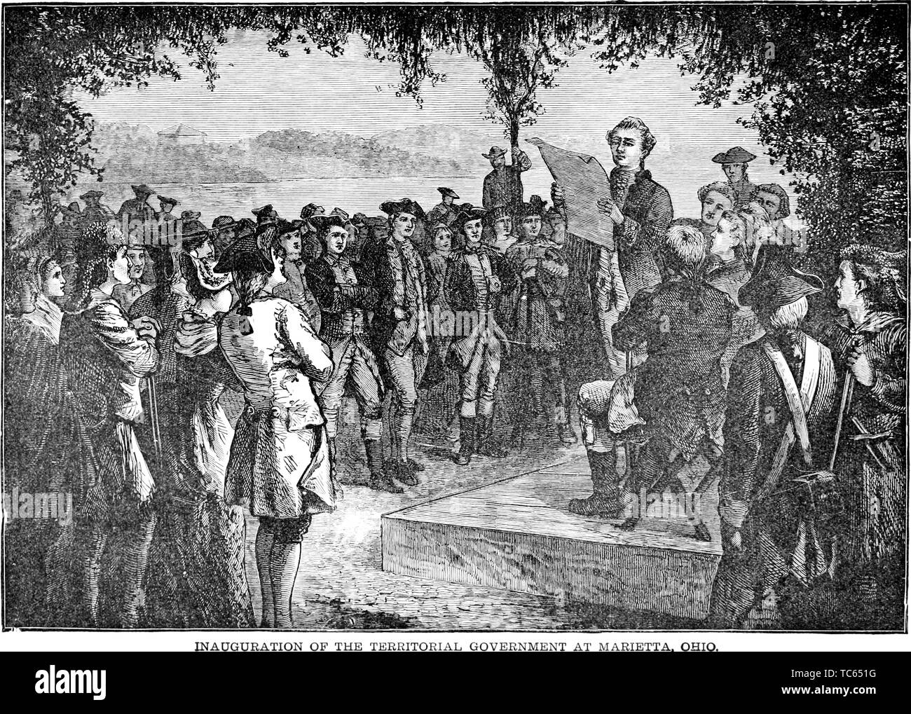 Gravure de l'inauguration de l'administration territoriale à Marietta, Ohio, du livre "Une histoire populaire des États-Unis d'Amérique, de l'Aboriginal Times to the present day' de John Clark Ridpath, 1893. Avec la permission de Internet Archive. () Banque D'Images