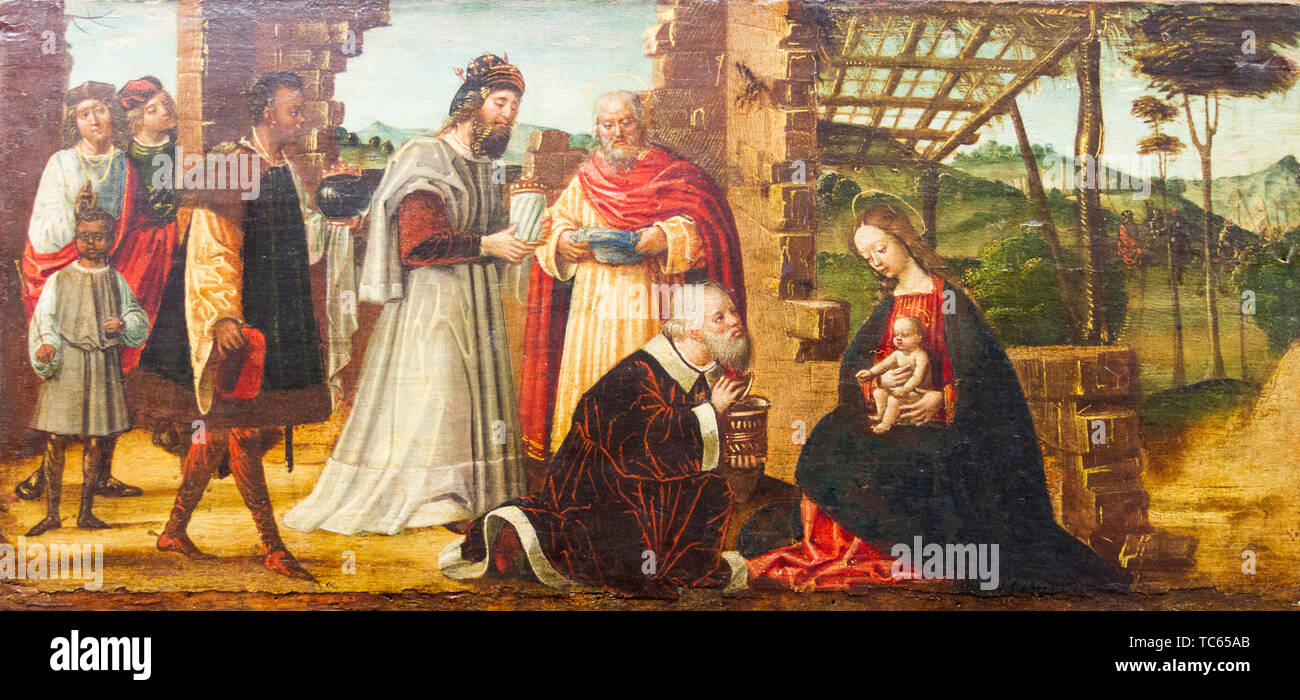 Adoration des Mages qui se trouvait devant l'Enfant Jésus des cadeaux d'or, l'encens et de la myrrhe, et de l'adorer. XVI siècle. Castello Visconteo. Banque D'Images