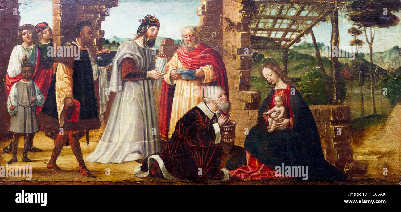 Adoration des Mages qui se trouvait devant l'Enfant Jésus des cadeaux d'or, l'encens et de la myrrhe, et de l'adorer. XVI siècle. Castello Visconteo. Banque D'Images