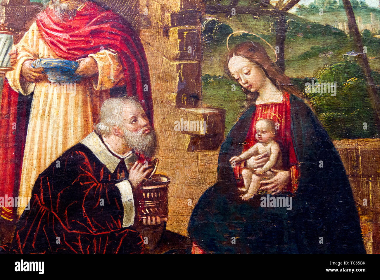 Adoration des Mages qui se trouvait devant l'Enfant Jésus des cadeaux d'or, l'encens et de la myrrhe, et de l'adorer. XVI siècle. Castello Visconteo. Banque D'Images