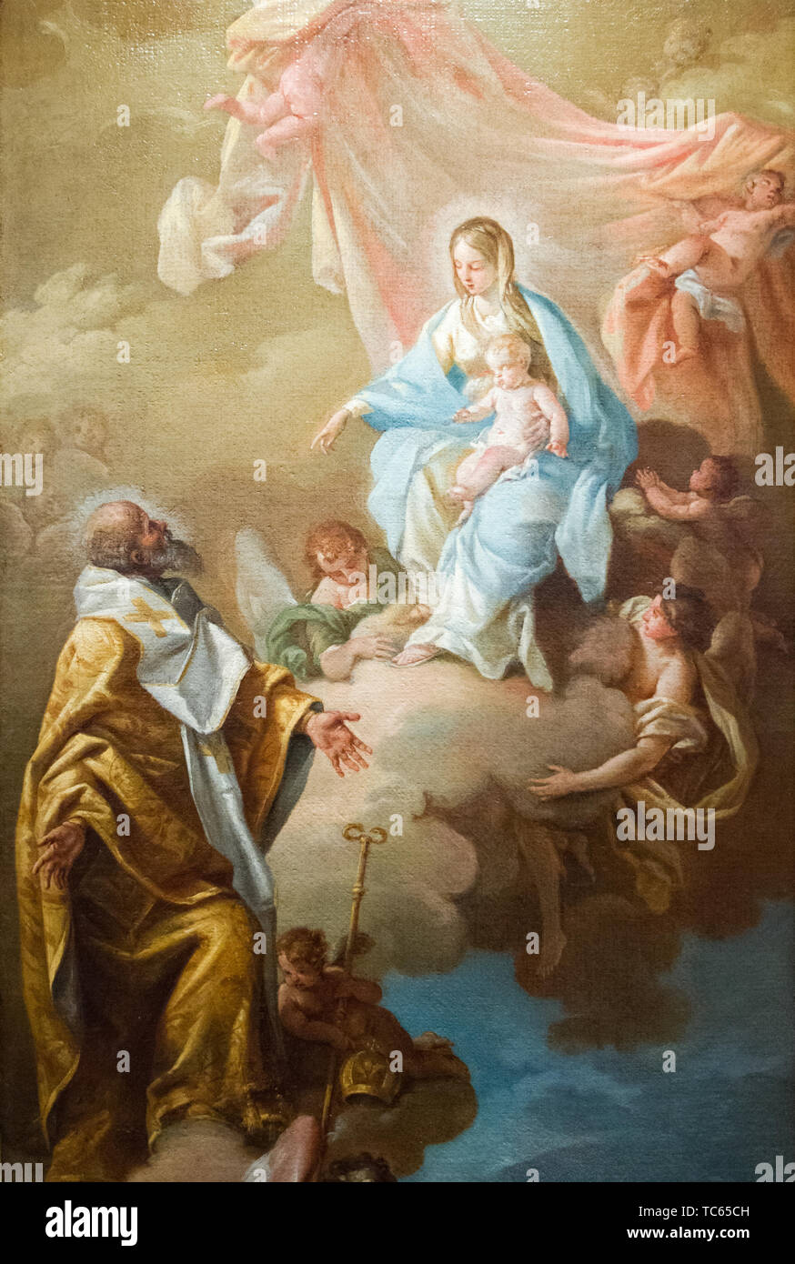 Apparition de la Vierge Marie à Saint Nilus la jeune et Barthélemy de Grottaferrata (le jeune) par l'intercession de Basile de Césarée. Banque D'Images