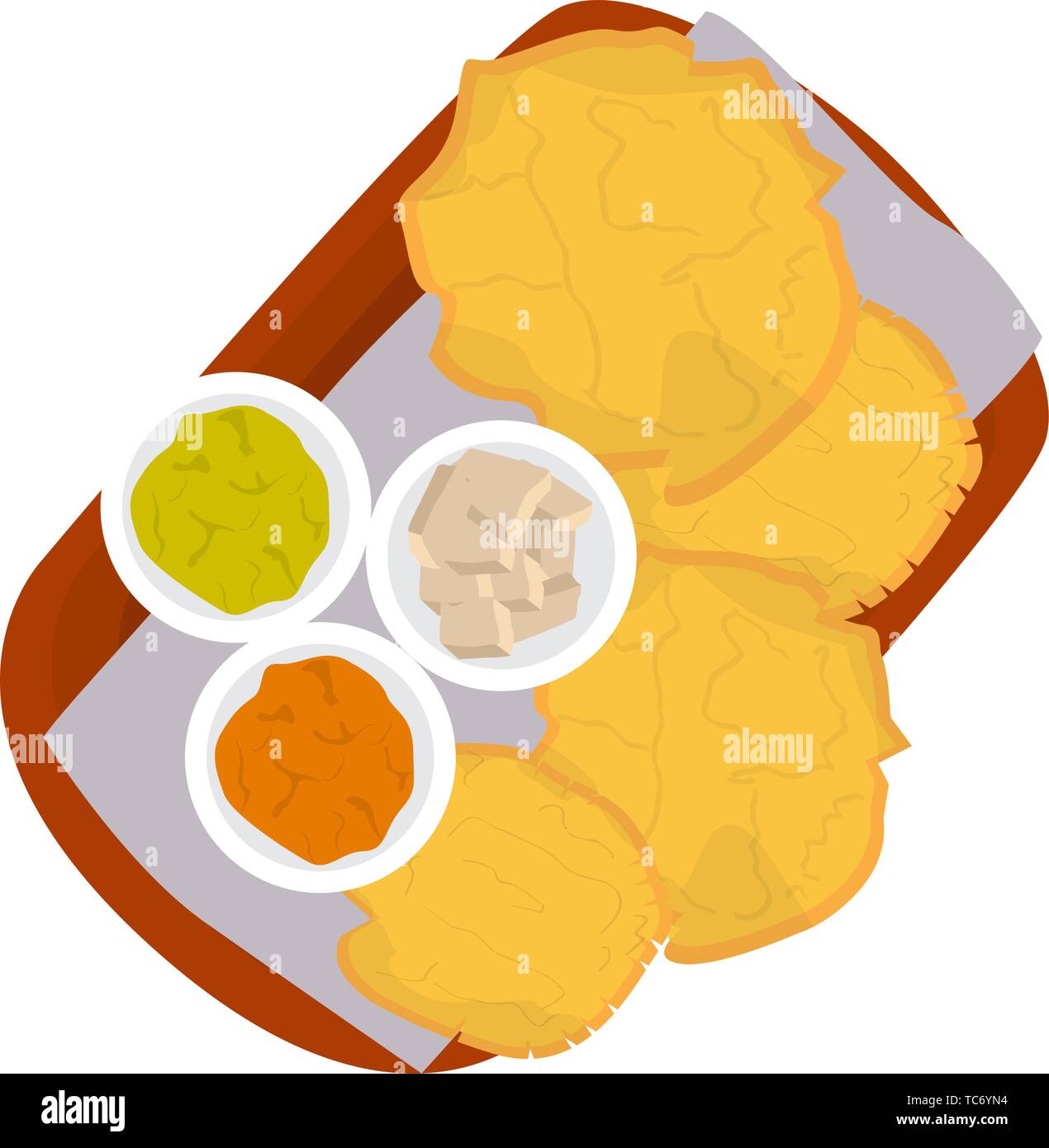 Vue de dessus d'un patacon avec des sauces. Puces Plantain -Vector Illustration de Vecteur