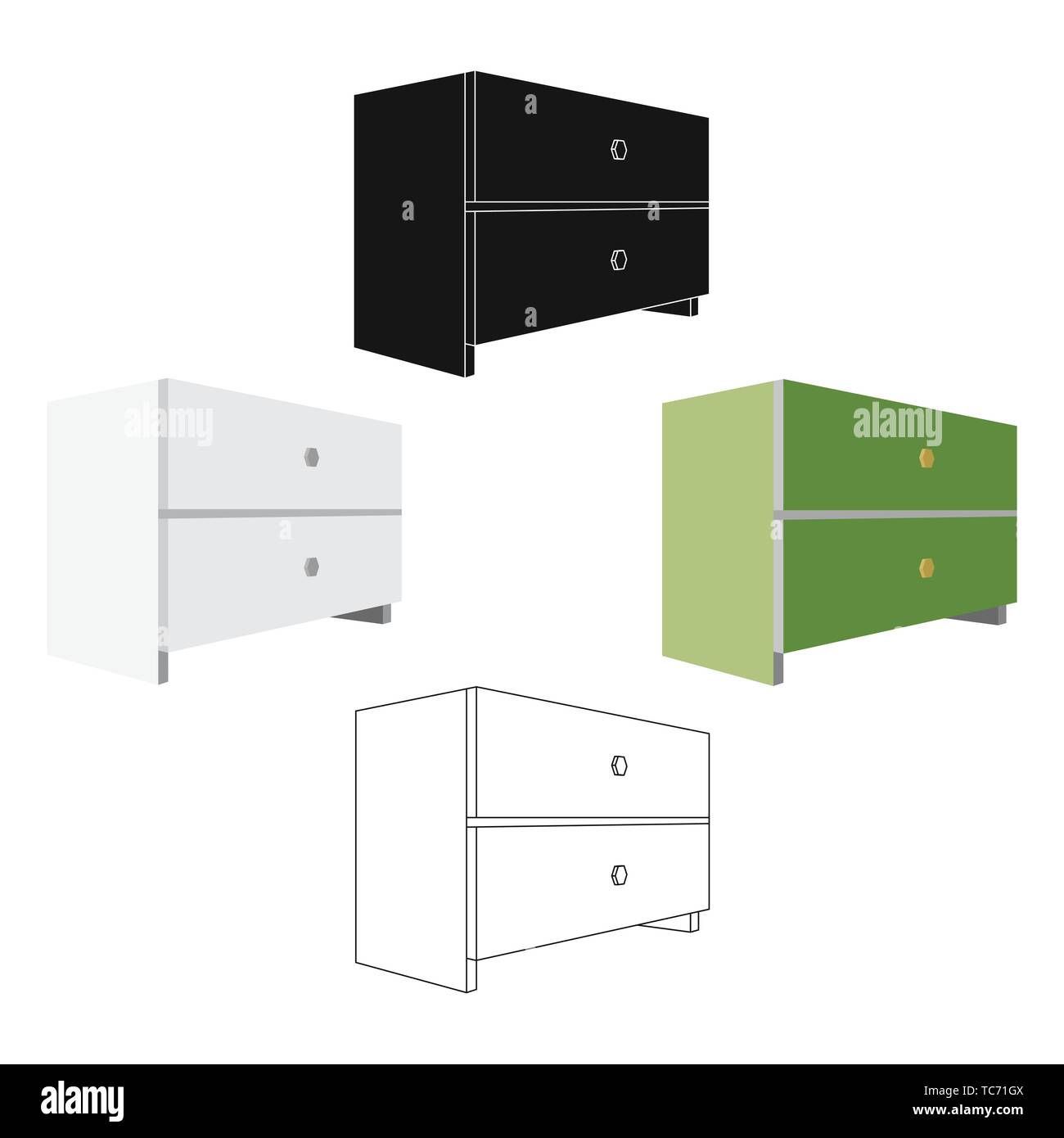 Table de chevet blanc avec deux tiroirs.Prix Accessoires pour toutes sortes de choses.meubles de chambre à coucher simple icône dans la caricature,black style vector stock symbol Illustration de Vecteur