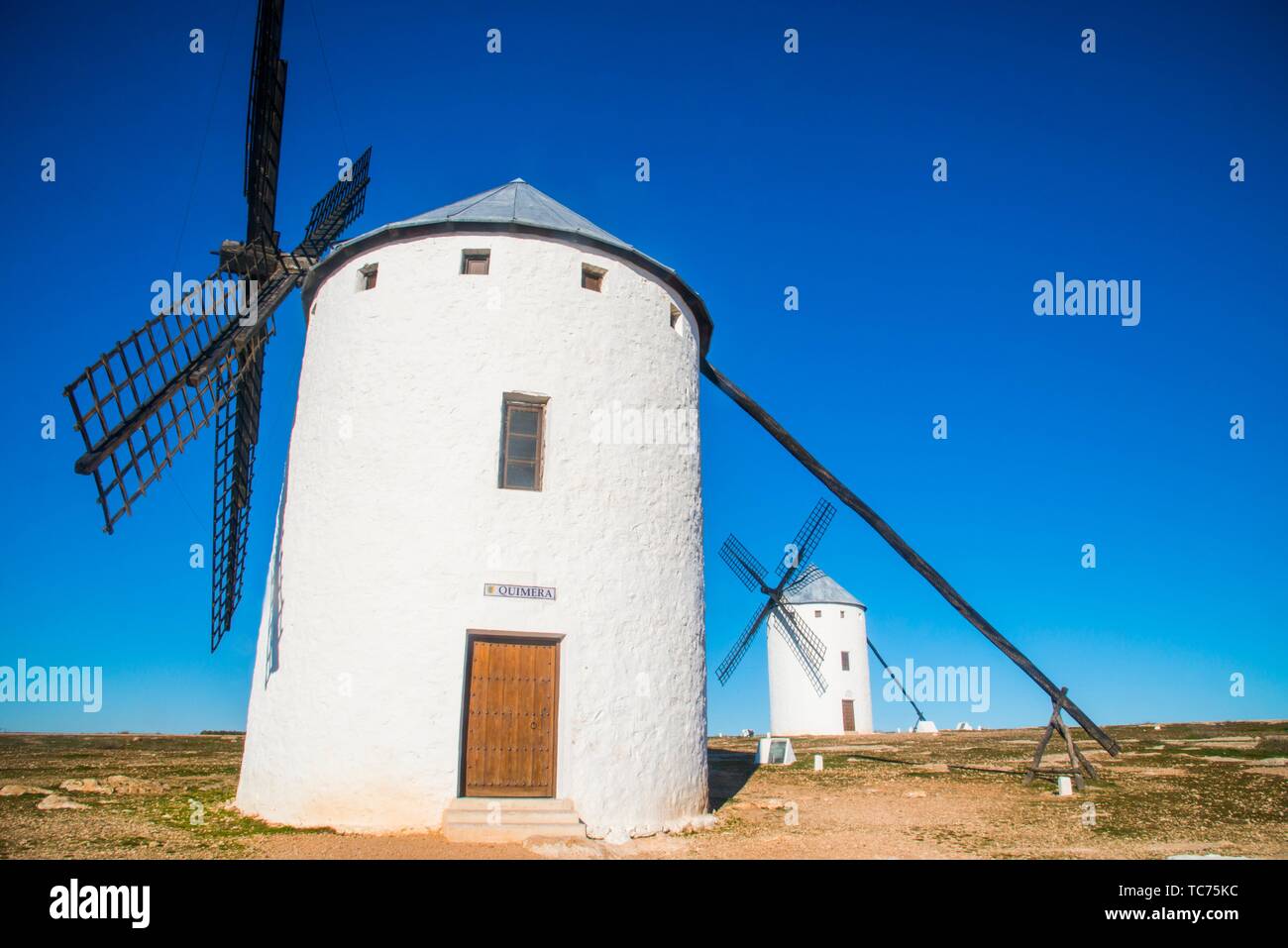 Les moulins à vent. Campo de Criptana, Ciudad Real province, Castilla La Mancha, Espagne. Banque D'Images