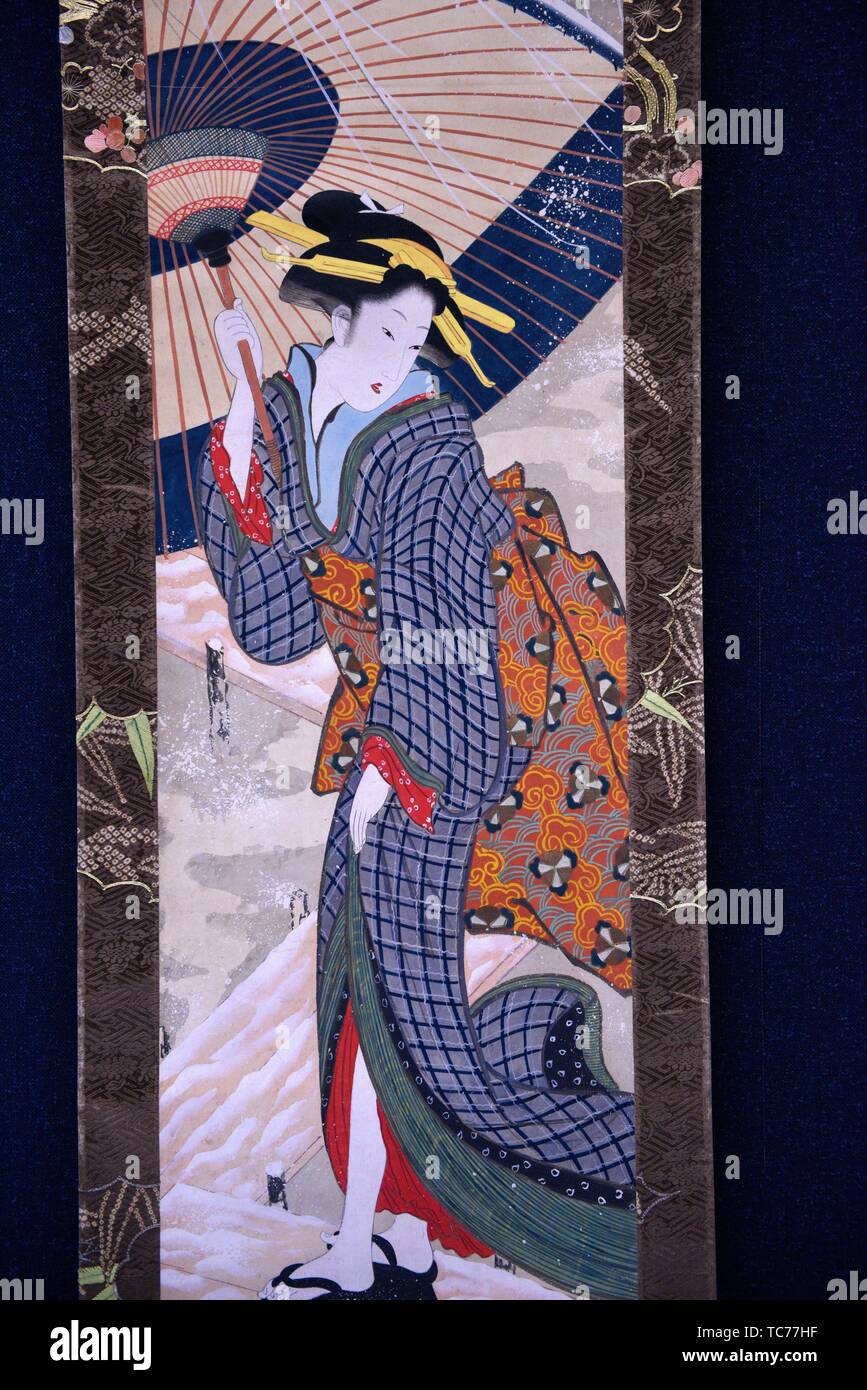 Beauté avec parapluie dans la neige, par Utagawa Kuninaga, couleur sur papier, période Edo, 19 ème siècle, Musée National de Tokyo, Tokyo, Honshu, Japon, Asie. Banque D'Images
