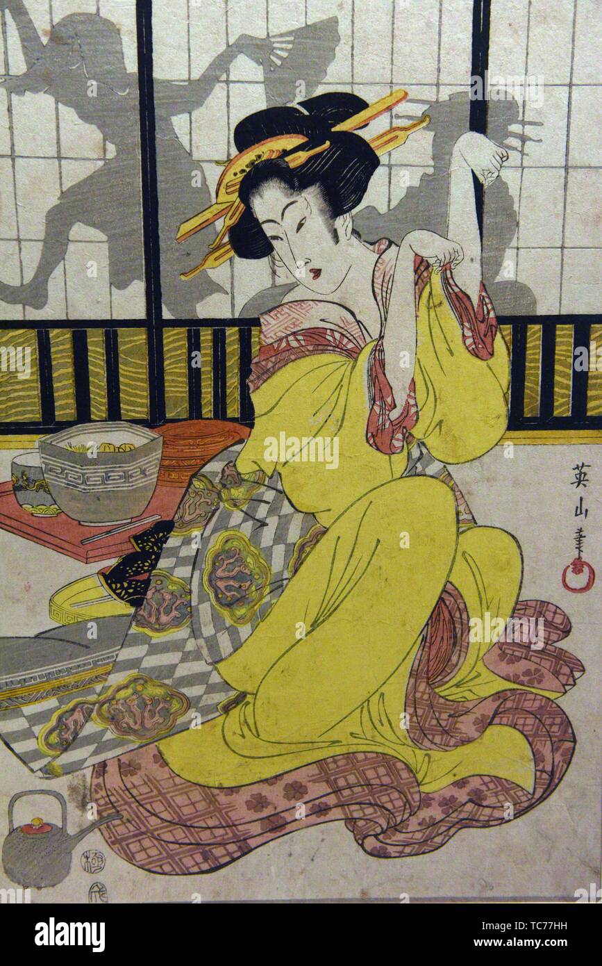 Trois Beautés Fashinable boire du vin, par Kikukawa Eizan (1787-1867), période Edo, 19 ème siècle, Musée National de Tokyo, Tokyo, Honshu, Japon, Asie. Banque D'Images