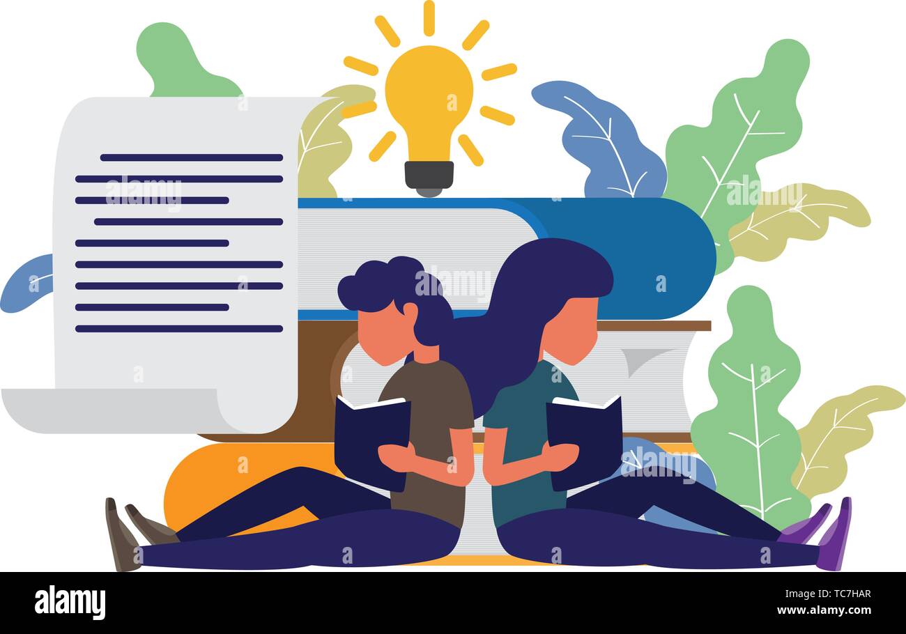 L'homme et la femme assis/big books lecture et connaissances. télévision moderne style vector illustration. Festival du livre d'idée d'un petit peuple d'une lecture Illustration de Vecteur
