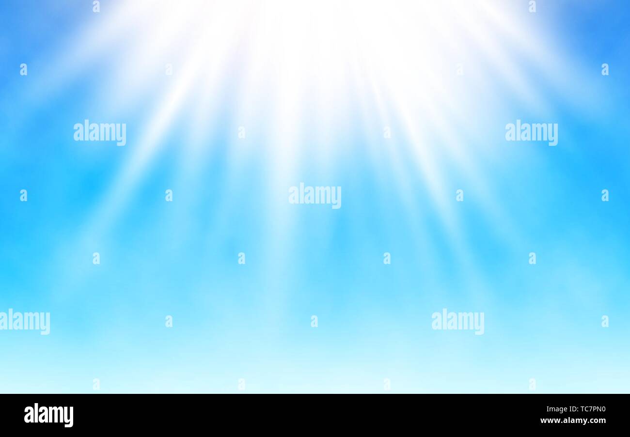 Soleil sur ciel bleu. Les nuages blancs lumineux et les rayons du soleil. Chaude journée d'été. Vector illustration réaliste Illustration de Vecteur