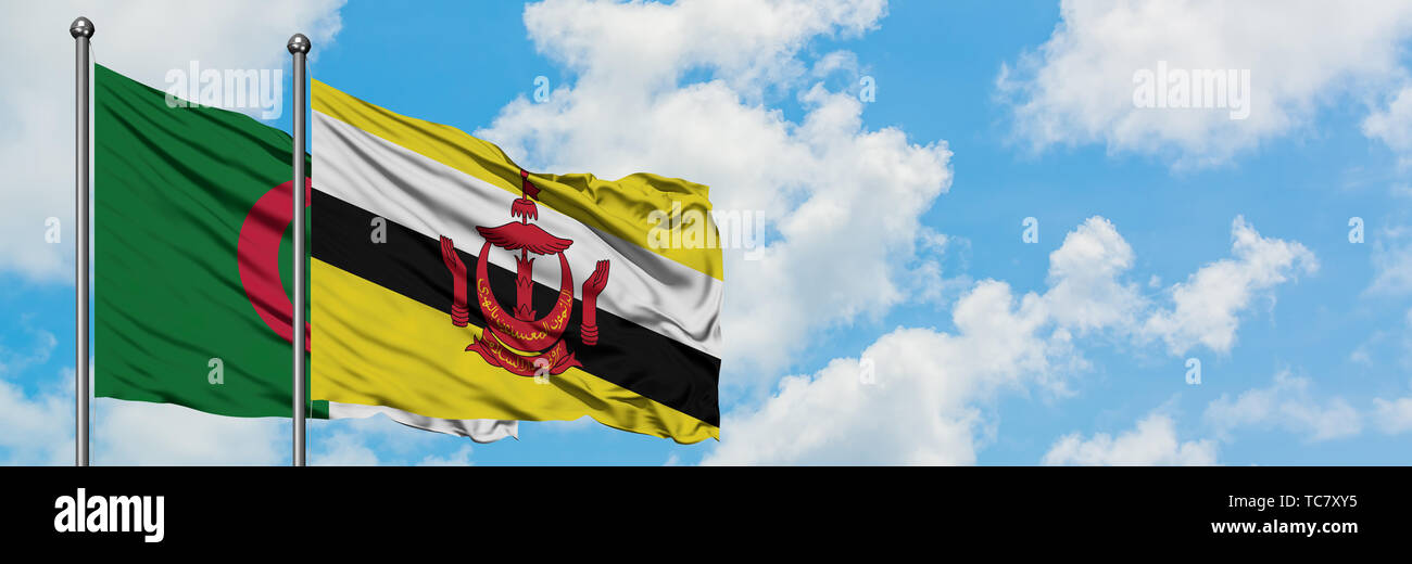 L'Algérie et le Brunei drapeaux dans le vent contre ciel bleu nuageux blanc ensemble. Concept de diplomatie, de relations internationales. Banque D'Images