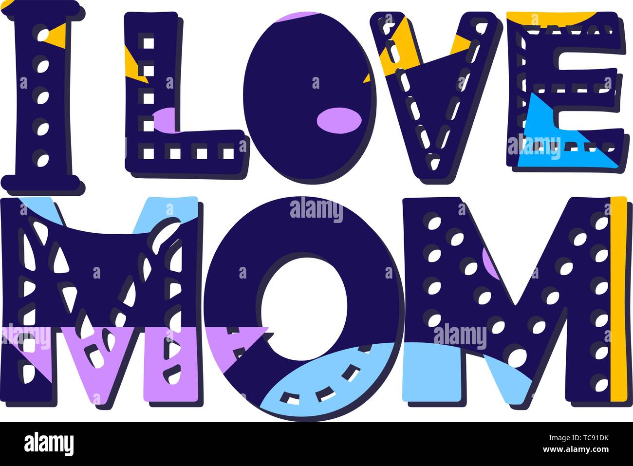 J'aime maman - inscription à l'ombre. Gros caractères gras avec différents motifs et couleurs. Couleur lumineuse. Papier numérique traité. Personnalisé auteurs styl Illustration de Vecteur