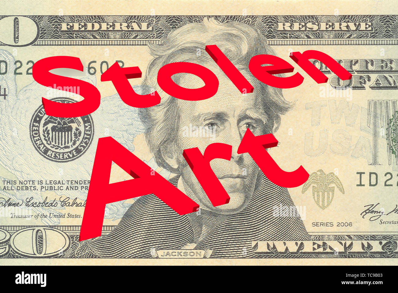 3D illustration d'art volés titre sur vingt dollars bill en arrière-plan Banque D'Images