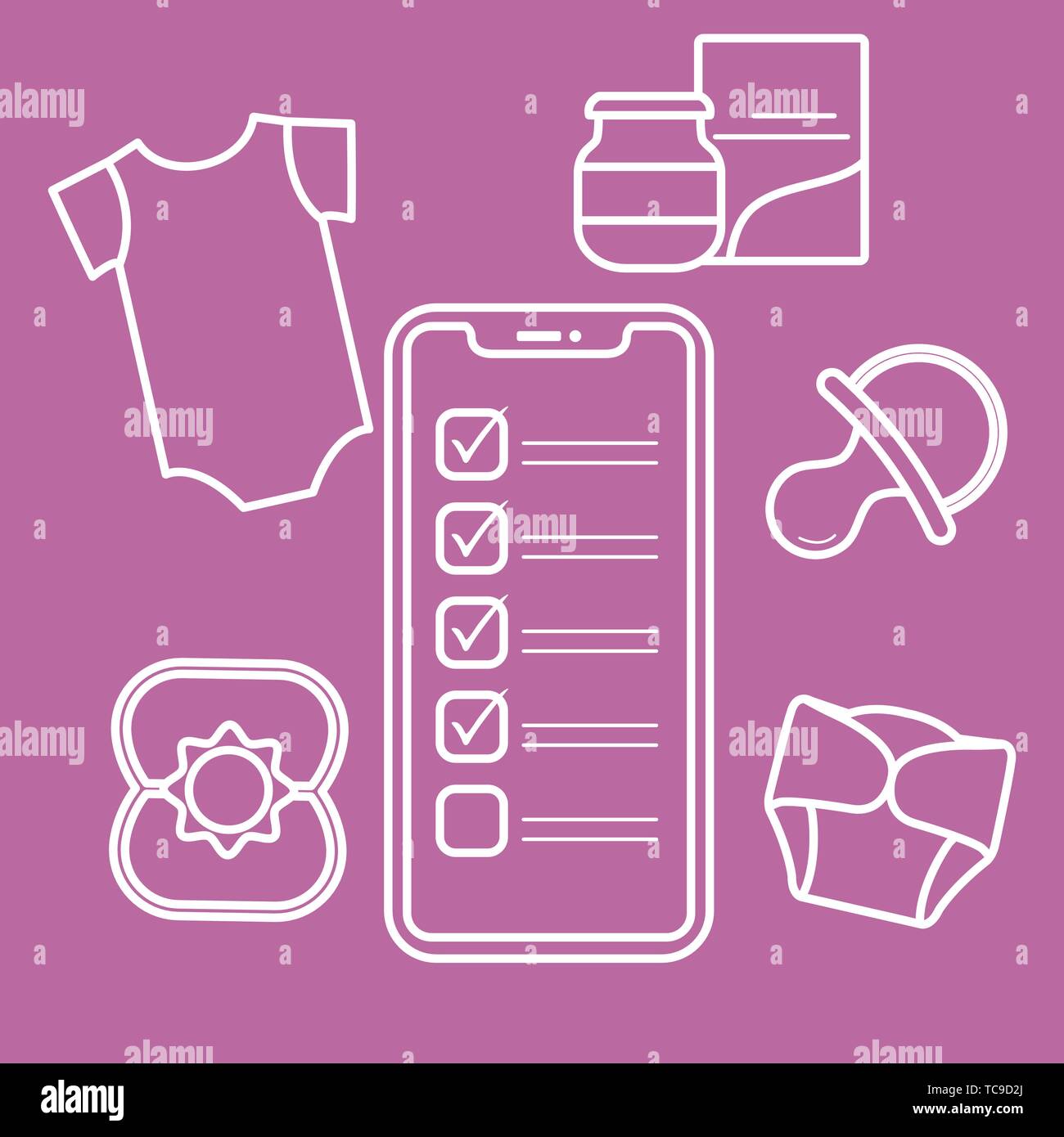 Vector illustration avec le smartphone à l'aide de bébé, accessoires. Body, aliments pour bébé, couches, peut-mamelon, bat. Les achats en ligne. Illustration de Vecteur