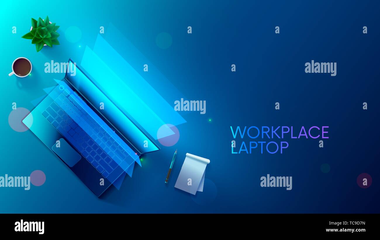 Antécédents En affaires avec ordinateur portable en vue d'en haut lieu de travail. Écran d'ordinateur s'allume sur 24 la lumière bleue. Personne ne l'espace de travail avec une tasse de café, fleur, le bloc-notes Illustration de Vecteur