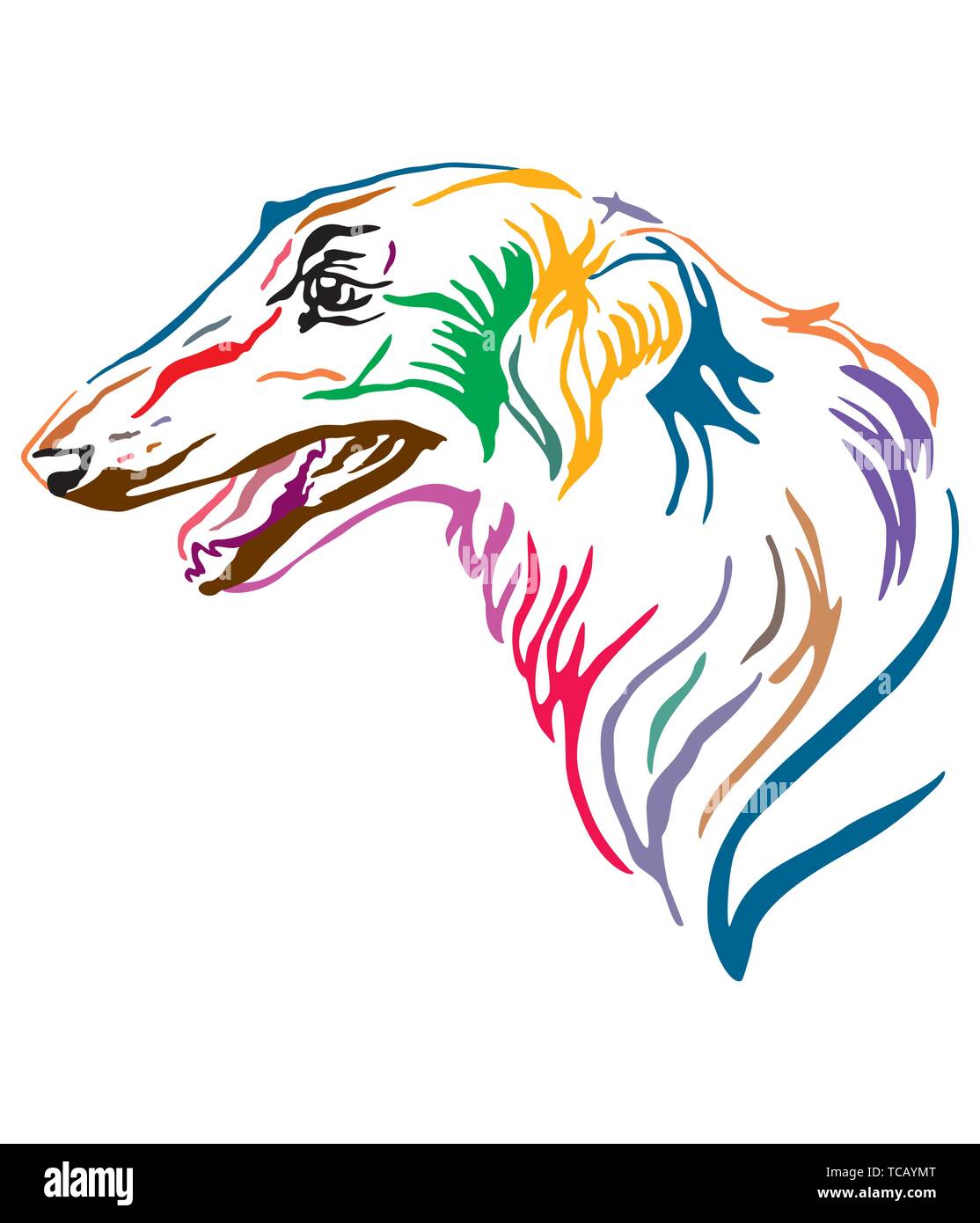 Grandes lignes décoratives colorées portrait de chien lévrier russe à la recherche d'illustration vectorielle, de profil, en différentes couleurs isolé sur fond blanc Illustration de Vecteur