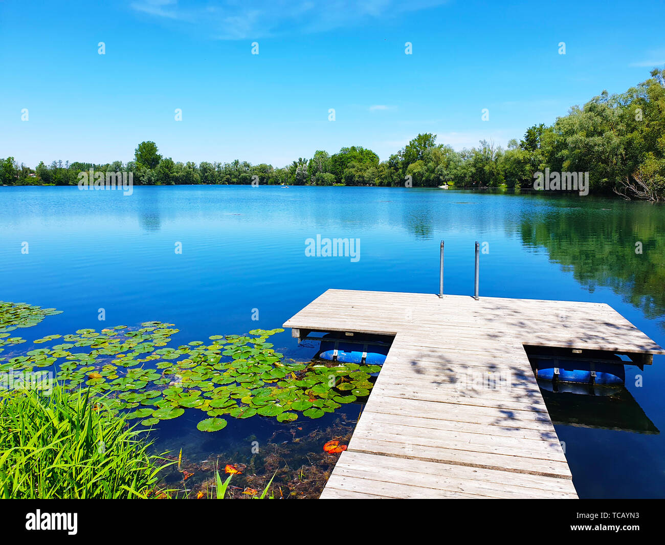 Jetée du lac, de l'Allemagne, de Neu-Ulm, Gurenhofsee dans l'été Banque D'Images