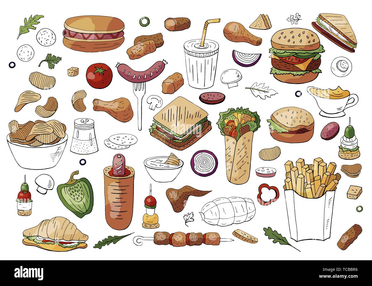 Grand ensemble d'éléments couleur fast food sandwichs, hamburgers, des en-cas isolé sur fond blanc. Illustration de Vecteur
